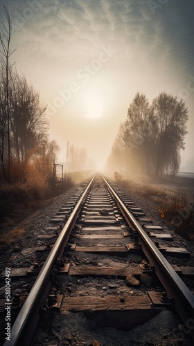 Mysterious Journey Begins: Railroads in Misty Morning Landscape. Generative AI