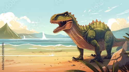 A Vacation to Remember  Sun-Kissed Beach with a Jurassic Surprise in the Background. Generative AI