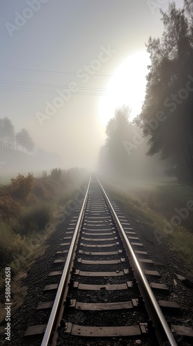 Railway Tracks in a Misty Morning, Capturing the Power of Transportation, Travel, and Distance: Generative AI