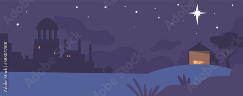 Humble Barn Located In The Barren Bethlehem Desert Where Jesus Was Born, Surrounded By Sand Dunes And A Starry Night Sky