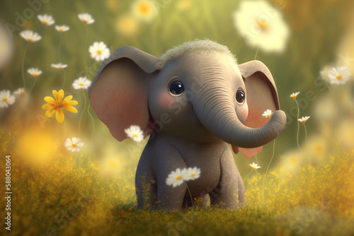 Sweet little elephant enjoying a spring flower field