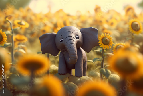 Little Elephant Having Fun in a Sunflower Field
