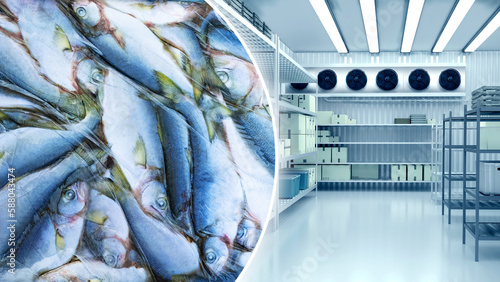 Frozen fish in refrigerator. Refrigeration chamber. Industrial refrigerator for seafood. Fish in freezer. Refrigerator for supermarket. Frozen fish for cooking. Cooling chamber with shelving