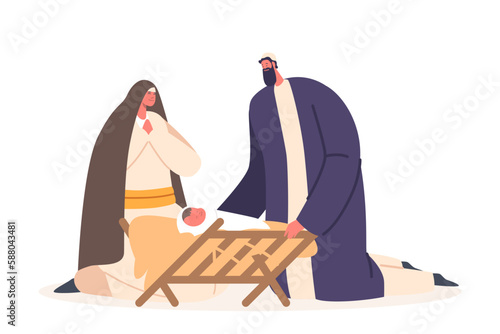 Nativity Scene With Young Couple Mary And Joseph with their Newborn Son Jesus In Manger. Christmas Story