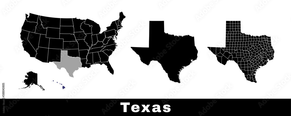 Texas state map, USA. Set of Texas maps with outline border, counties