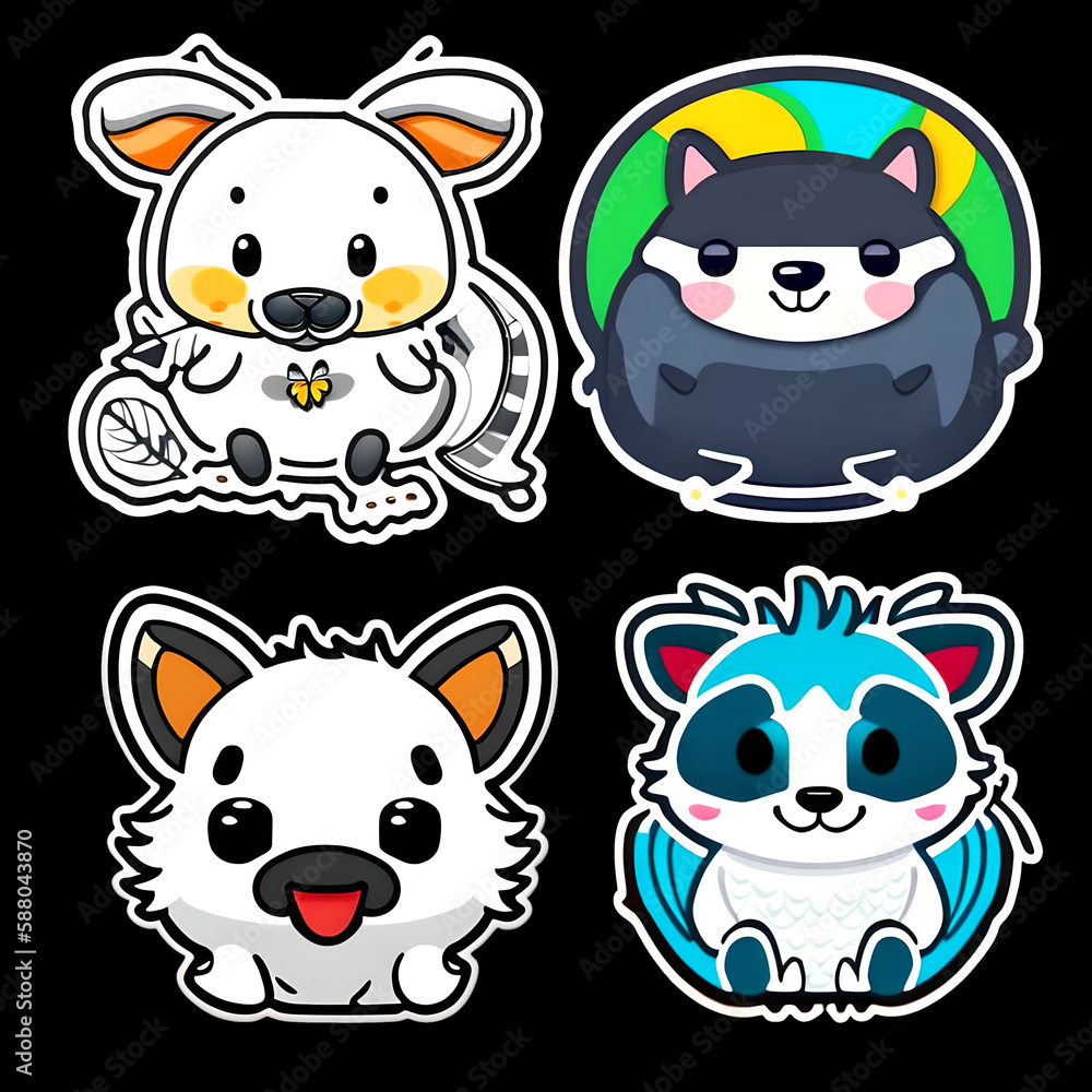 Cute animal sticker fox cat dog bear with outlined isolated to print. Generative AI.