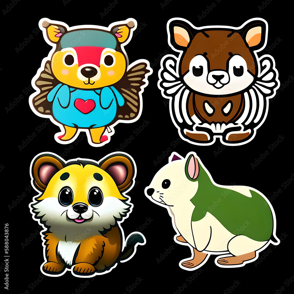 Fototapeta premium Cute animal sticker dog mouse fox cat with outlined isolated to print. Generative AI.
