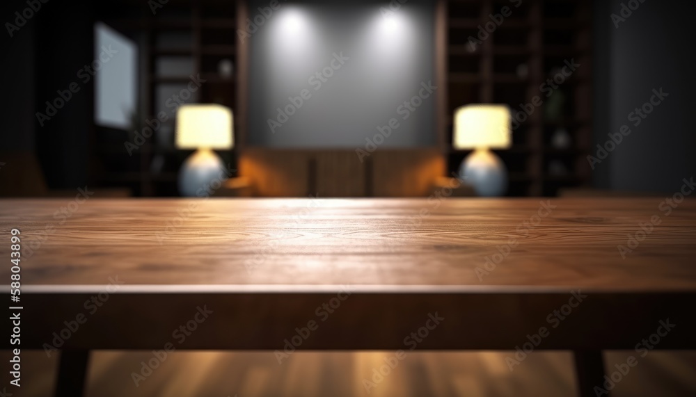 Fototapeta premium Dark rustic living room with empty table for product display. Generative AI