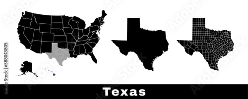 Texas state map, USA. Set of Texas maps with outline border, counties and US states map. Black and white color.