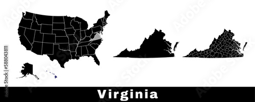 Virginia state map, USA. Set of Virginia maps with outline border, counties and US states map. Black and white color. photo
