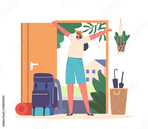 Coming Back Home After Relaxing Vacation Concept. Woman with Luggage Entering Her Living Space Feeling Comfort