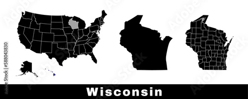 Wisconsin state map, USA. Set of Wisconsin maps with outline border, counties and US states map. Black and white color. photo