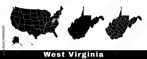 West Virginia state map, USA. Set of West Virginia maps with outline border, counties and US states map. Black and white color. photo