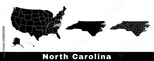 North Carolina state map, USA. Set of North Carolina maps with outline border, counties and US states map. Black and white color.