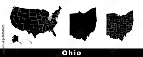 Ohio state map, USA. Set of Ohio maps with outline border, counties and US states map. Black and white color.