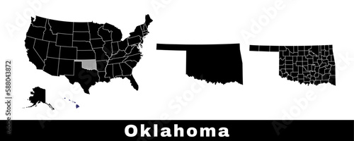 Oklahoma state map, USA. Set of Oklahoma maps with outline border, counties and US states map. Black and white color.