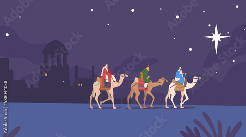 Caspar  Melchior  and Balthazar Magi Riding Camels Follow The Star To Reach Newborn Baby Jesus Biblical Scene