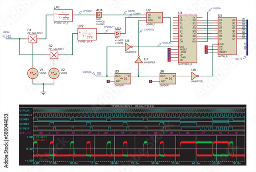 Schematic diagram of electronic device (demodulator). Vector drawing electrical circuit with 
integrated microchips, logic elements,  
oscilloscope, source signal and other electronic components.