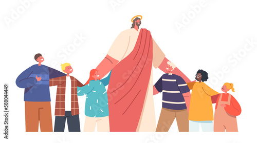 Jesus Christ Biblical Character, Surrounded By Smiling Children Isolated On White Background. Kids Friend, Love