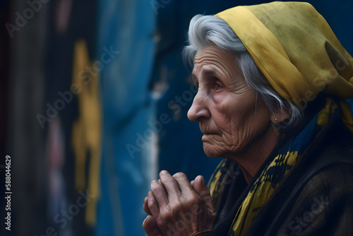 An old grandmother prays for Ukraine, the colors of the Ukrainian flag, Generative AI