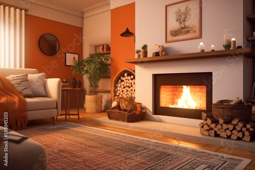 Modern interior design of the living room with fireplace. Super photo realistic background  generative ai illustration