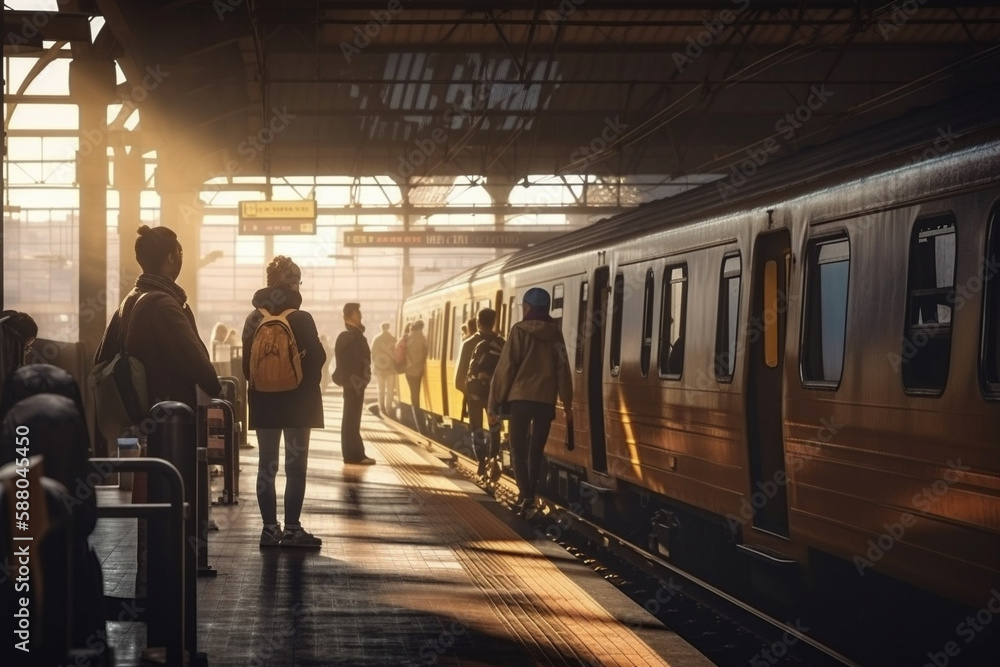 Illustration of a busy train station with people waiting for their train to arrive. Ai generated. Illustration of a busy train station with people waiting for their train to arrive. Ai generated.