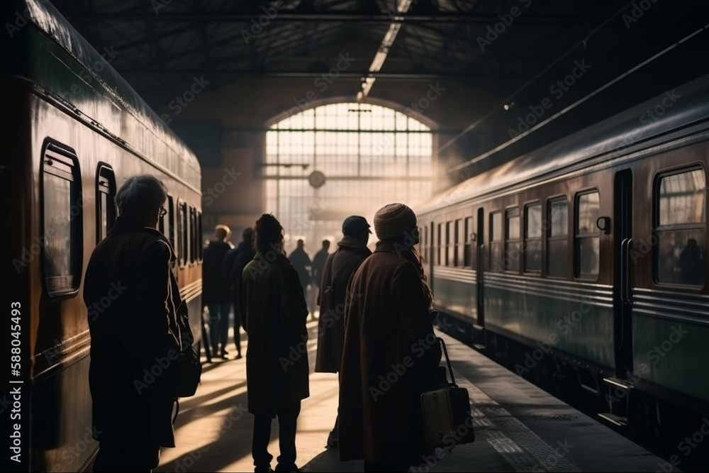 Illustration of a busy train station with people waiting for their train to arrive. Ai generated. Illustration of a busy train station with people waiting for their train to arrive. Ai generated.