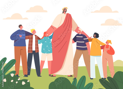 Idyllic Scene Jesus Standing On Meadow Surrounded By Children. Warmth, Love, And Compassion Religious Theme