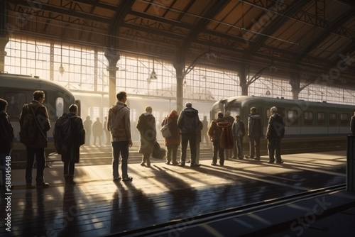 Illustration of a busy train station with people waiting for their train to arrive. Ai generated. © ankreative
