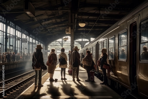 Illustration of a busy train station with people waiting for their train to arrive. Ai generated.