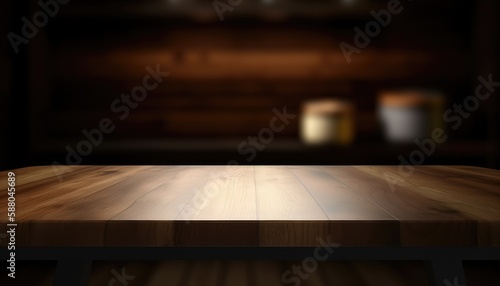 Dark rustic living room with empty table for product display. Generative AI © Natee Meepian