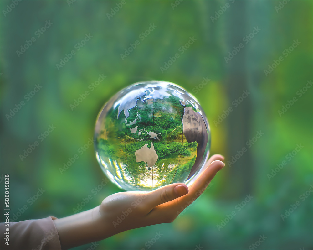 Human hand holding planet earth on green background. International Mother Earth Day concept. Generative Al content. Close-up