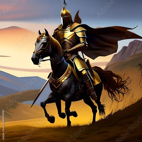 painting design style a golden knight and his horse walking to field of swords