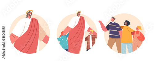 Jesus Christ Surrounded By Smiling Children Isolated Round Icons Or Avatars. Kids Friend, Biblical Character