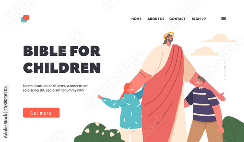 Bible for Children Landing Page Template. Jesus Character Stand On Meadow With Children Around Him. Kindness, Love