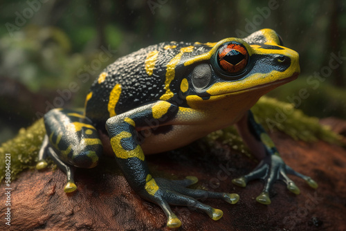 Frog with large dramatic eyes sits on a tree trunk with mossy bark, and lush foliage, the leaves are covered with raindrops. a beautiful natural environment surrounded by jungle. Generative AI © Vika art