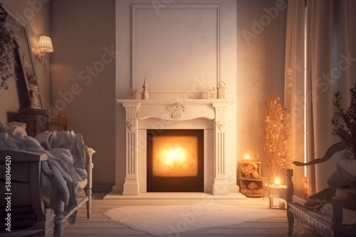 Modern interior design of the living room with fireplace. Super photo realistic background, generative ai illustration