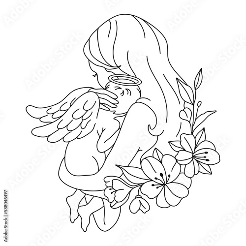 Baby loss memorial. Mom holding baby angel. Angel newborn baby with mom. Vector illustration.