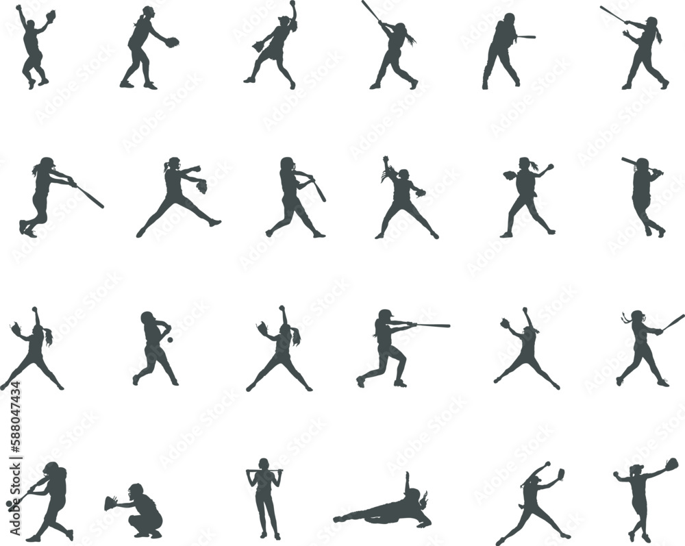 Softball player silhouettes, Softball silhouette, Softball player SVG, Softball player vector -V02 Softball player silhouettes, Softball silhouette, Softball player SVG, Softball player vector -V02