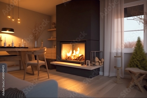 Modern interior design of the living room with fireplace. Super photo realistic background, generative ai illustration