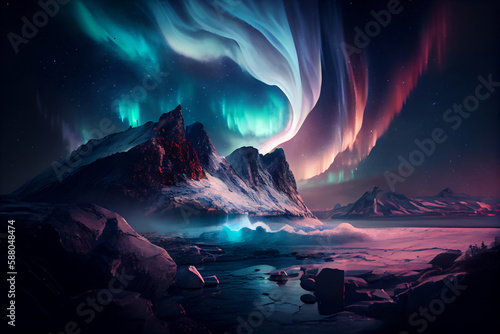 Colorful northern light aurora, borealis with red and pink flames over the sky