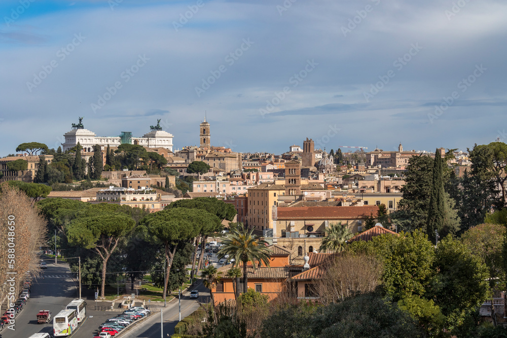Rome as the capital of Italy seen from above. Panorama view of Roman city with St. Peter's Basilica, colosseum and Roman forums.