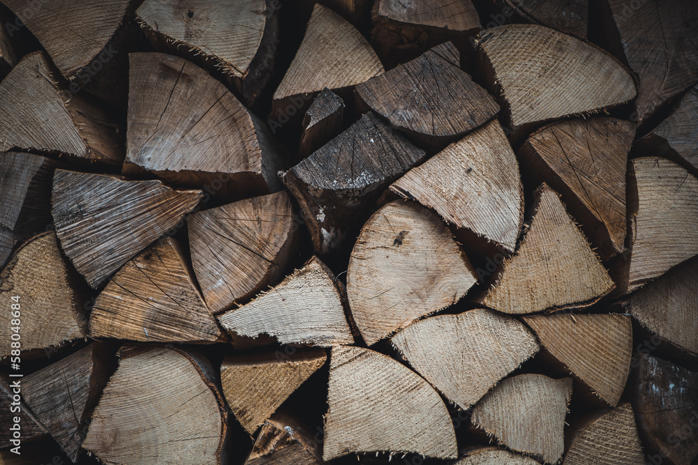 Fototapeta premium Wooden natural sawn logs as background, top view, flat lay. Wood texture.