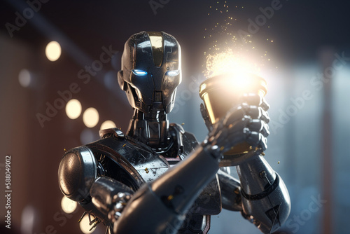 Futuristic Robot holding a trophy in victory celebration © artefacti