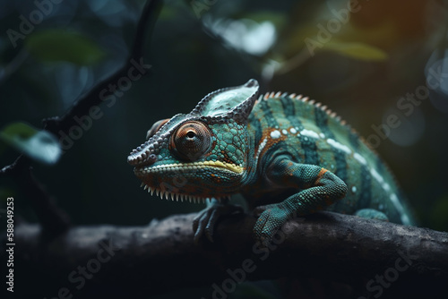 Camouflaged Chameleon perched on jungle tree branch