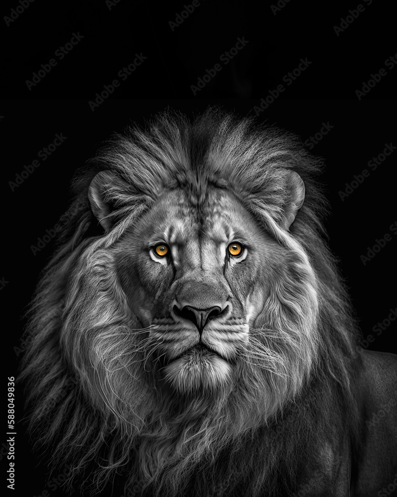 Generated portrait of a lion with a lush mane on a black background in black and white format