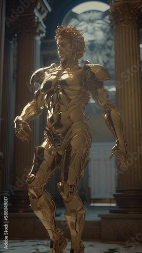 Une sculpture de guerrier mecha robot grec stoïque avec des touches de marbre et d'or