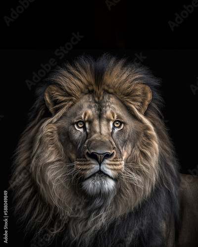 Generated portrait of a lion with a lush mane on a black background © Evgeniya Fedorova