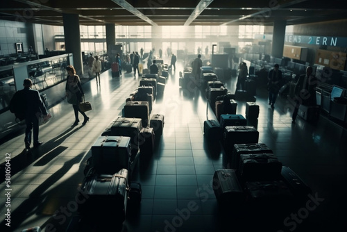 Illustration of people walking through a bustling airport, heading to their gates with luggage in tow. Ai generated.