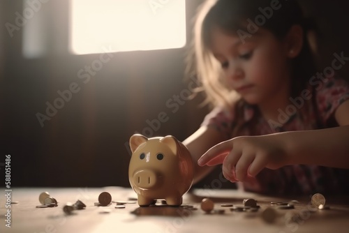 Child hand throws coin into piggy bank, saved up money coins